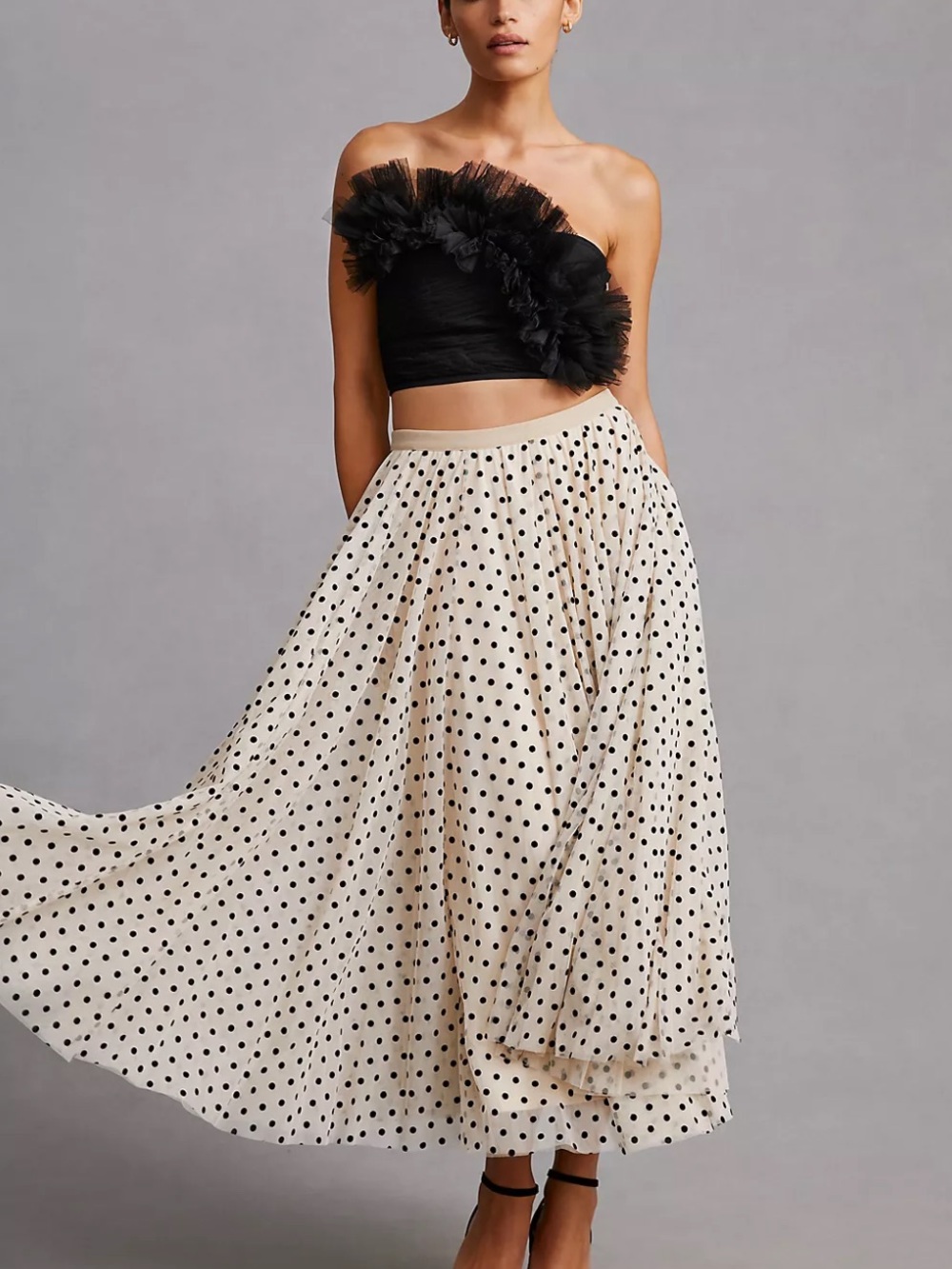 Daniel Rainn Cream Maxi Skirt with Black Polka Dots🤍🖤